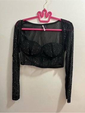 Love By Design Black Sheer Rhinestone Bustier Crop Top
